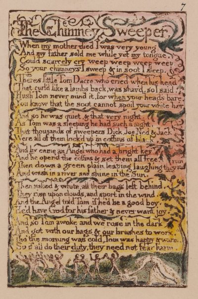 Liederen van Onschuld en Ervaring, Plaat 7, De Schoorsteenveger (Bentley 12) door William Blake